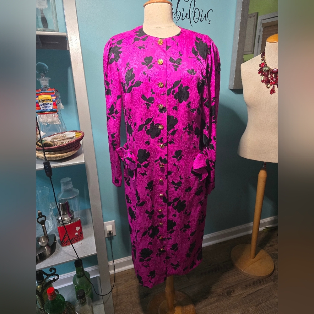 Louis Feraud Vibrant Pink and Black Floral Silk Dress